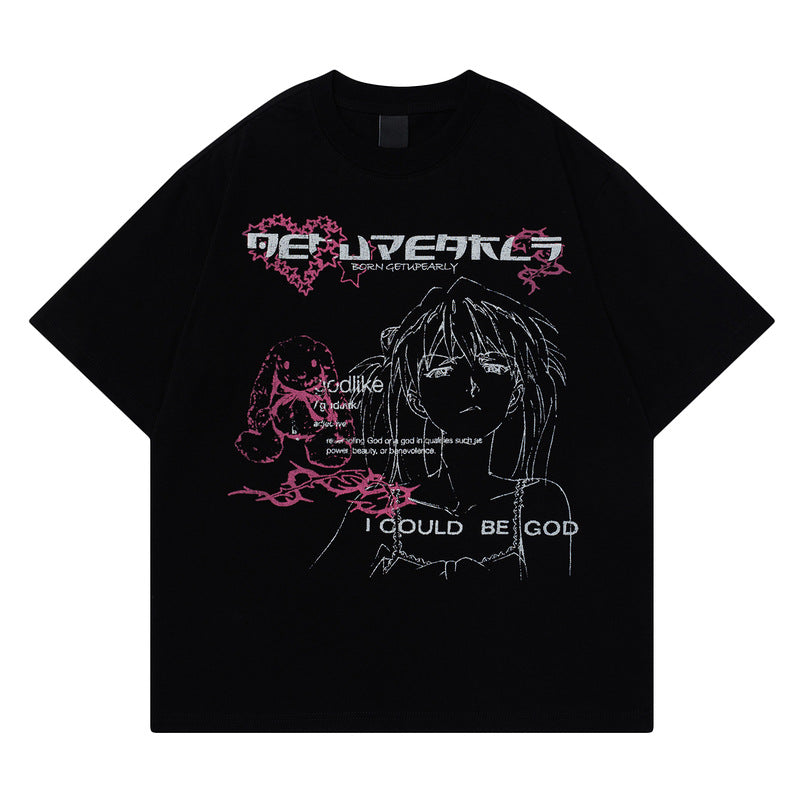 Retro Anime Drop Shoulder Tee – Loose Fit Cotton T-Shirt for Casual Style