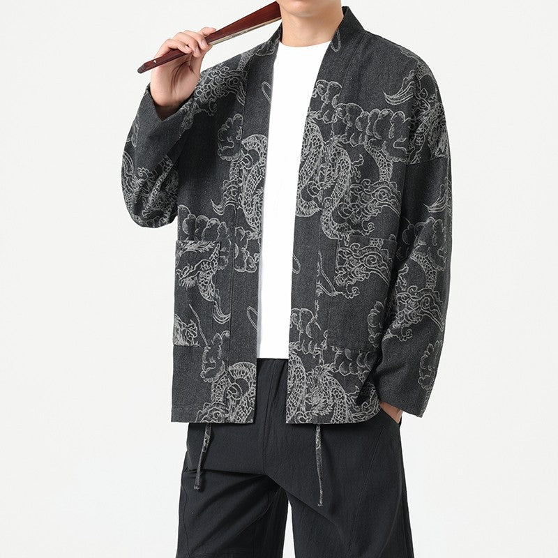 Dragon Robe Print Loose Fit Denim Jacket – Chinese Style Streetwear