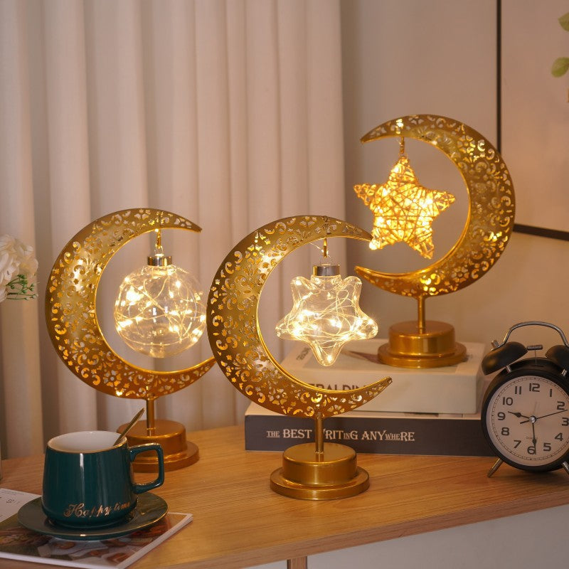 MoonGlow Iron Frame LED Moon & Star Lamp – Warm White Desk & Decor Light