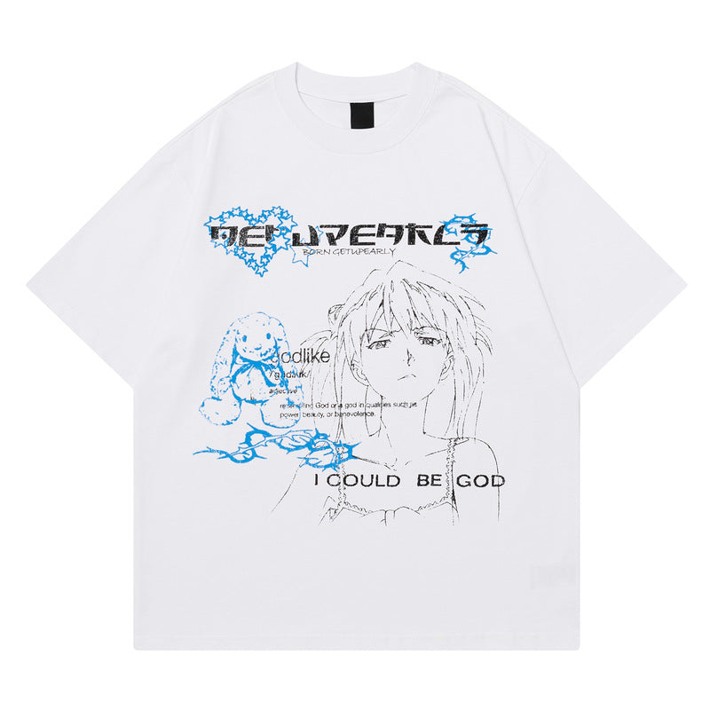 Retro Anime Drop Shoulder Tee – Loose Fit Cotton T-Shirt for Casual Style