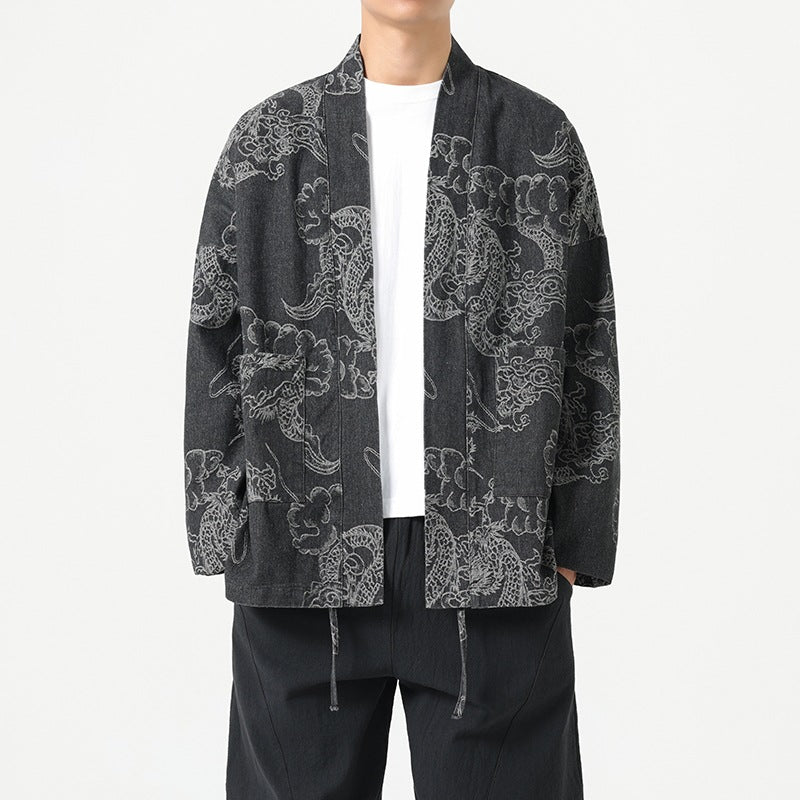 Dragon Robe Print Loose Fit Denim Jacket – Chinese Style Streetwear