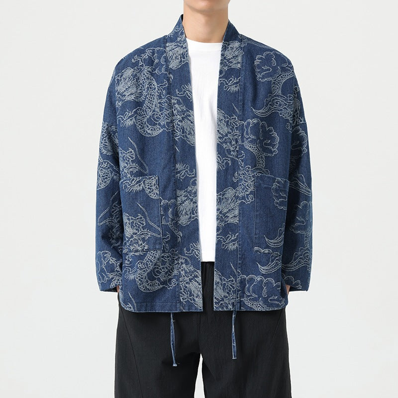 Dragon Robe Print Loose Fit Denim Jacket – Chinese Style Streetwear