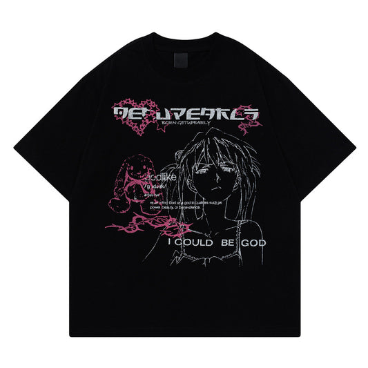 Retro Anime Drop Shoulder Tee – Loose Fit Cotton T-Shirt for Casual Style