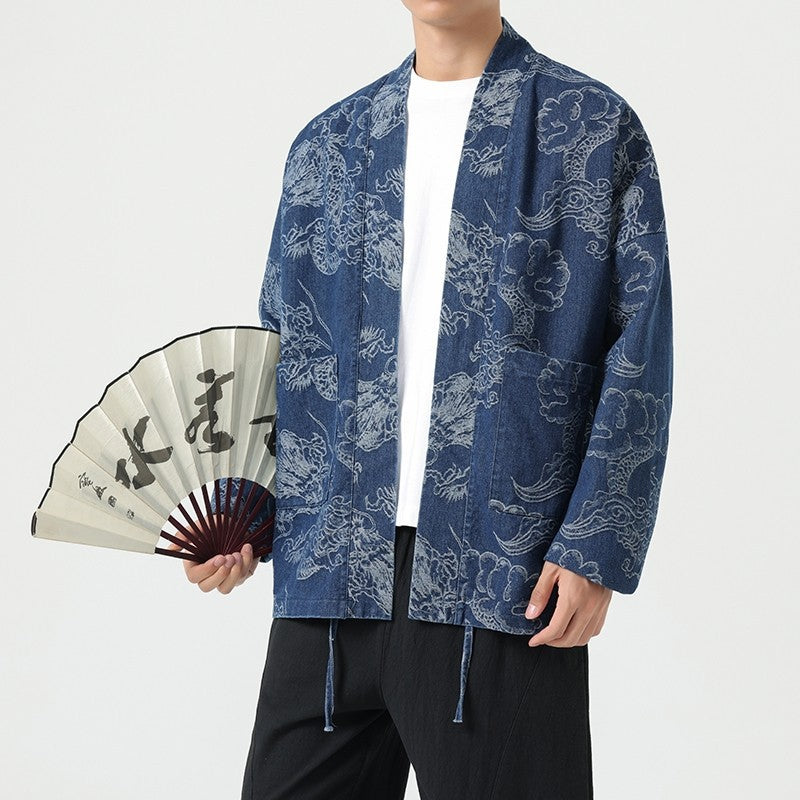 Dragon Robe Print Loose Fit Denim Jacket – Chinese Style Streetwear