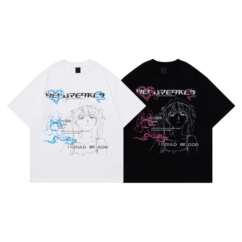 Retro Anime Drop Shoulder Tee – Loose Fit Cotton T-Shirt for Casual Style