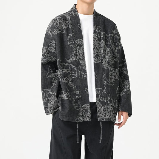 Dragon Robe Print Loose Fit Denim Jacket – Chinese Style Streetwear