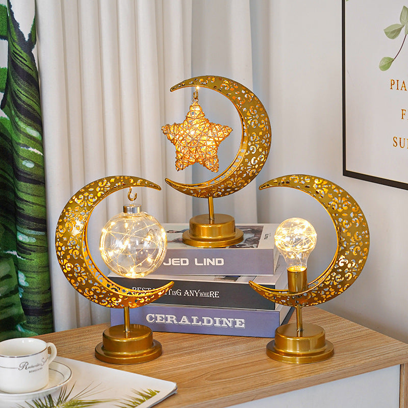 MoonGlow Iron Frame LED Moon & Star Lamp – Warm White Desk & Decor Light