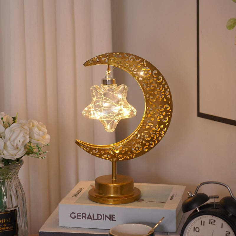 MoonGlow Iron Frame LED Moon & Star Lamp – Warm White Desk & Decor Light