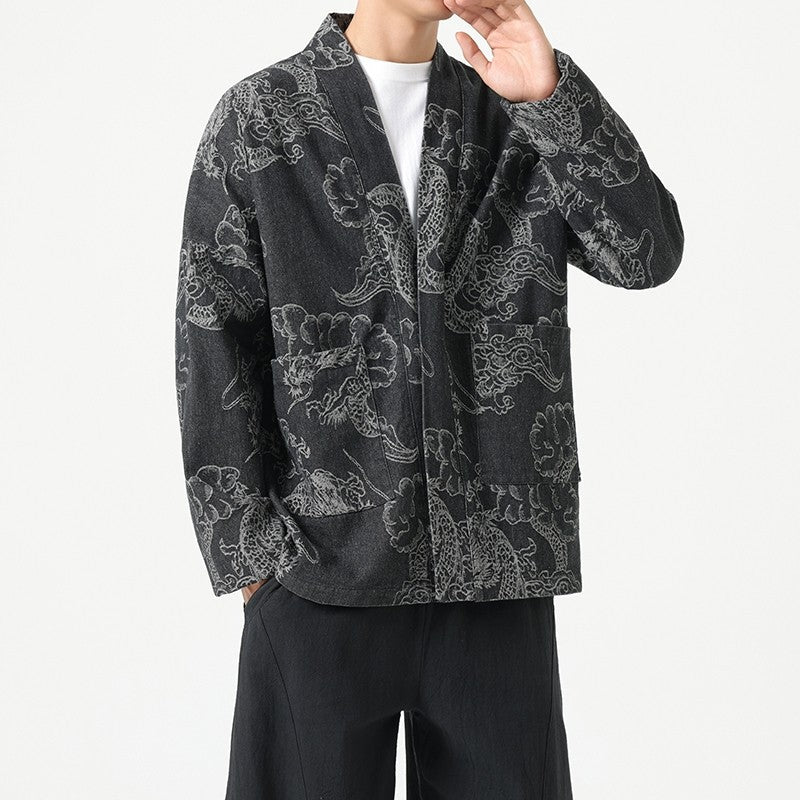 Dragon Robe Print Loose Fit Denim Jacket – Chinese Style Streetwear