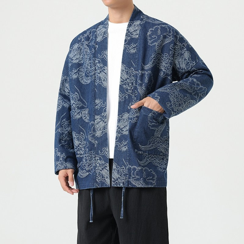 Dragon Robe Print Loose Fit Denim Jacket – Chinese Style Streetwear