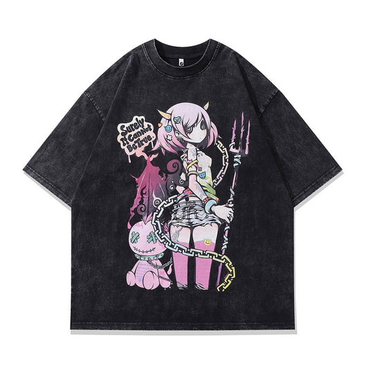 Harajuku Y2K Anime Washed Print T-Shirt – Vintage Oversized Cotton Tee for Men