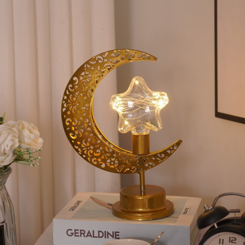 MoonGlow Iron Frame LED Moon & Star Lamp – Warm White Desk & Decor Light